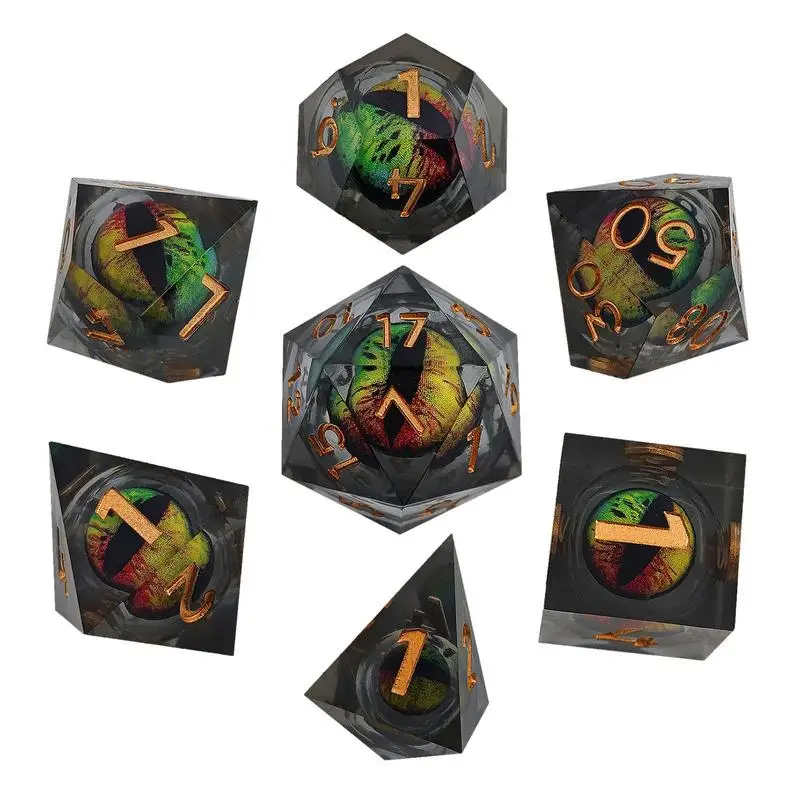 DND Game Dice Set 7pcs Cool Polyhedral Dice Liquid Core Resin Crafts Dragon Eye Dice Party Props for Teens Tabletop Games