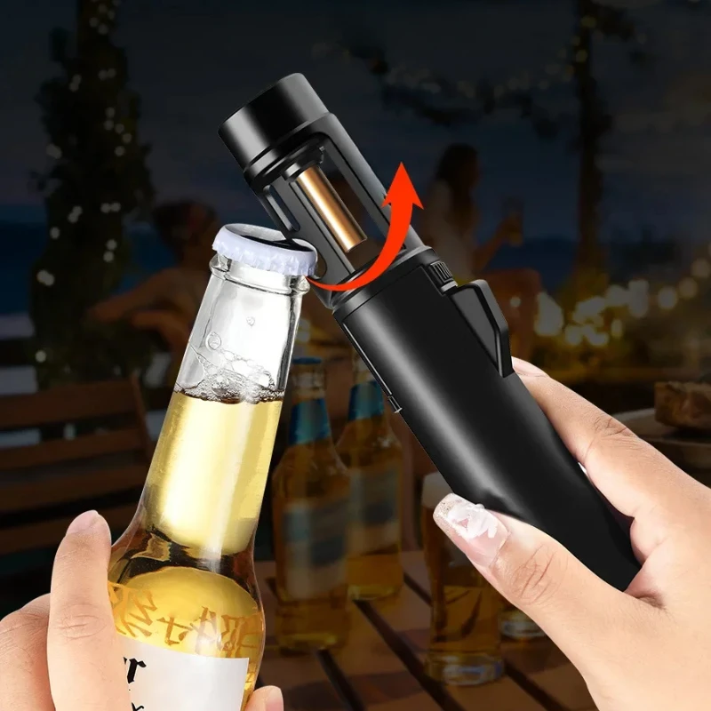 1300°Bottle Opener Multifunctional Lighter Metal Windproof Straight Gas Blue Flame Lighter Outdoor BBQ Welding Men's Gift