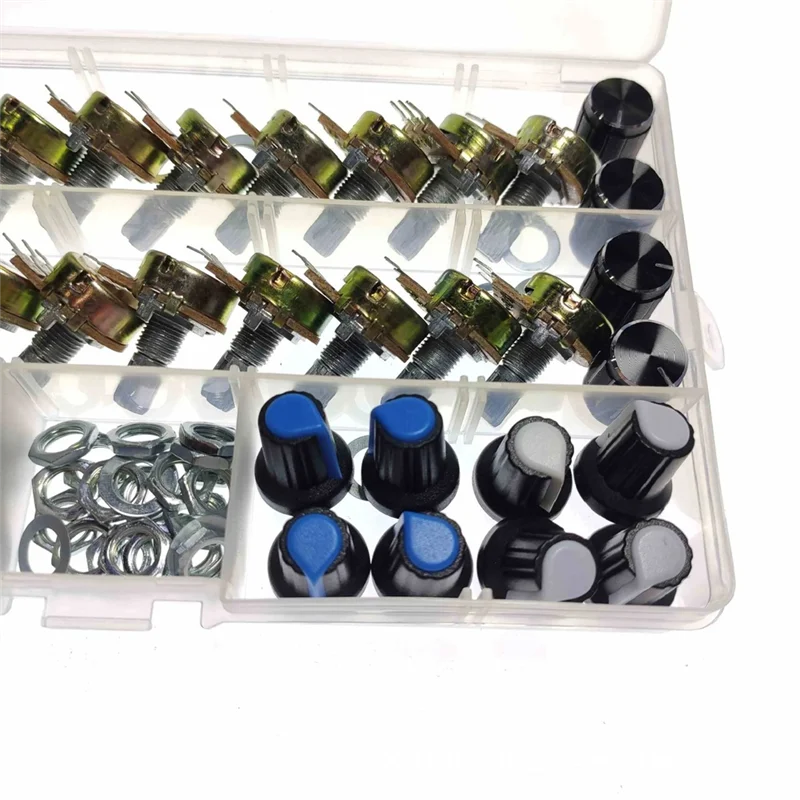 

AB15-20PCS Комплект потенциометра с ручками B5K 10K 20K 50K 100K с одним валом 15 мм Переключатель потенциометра