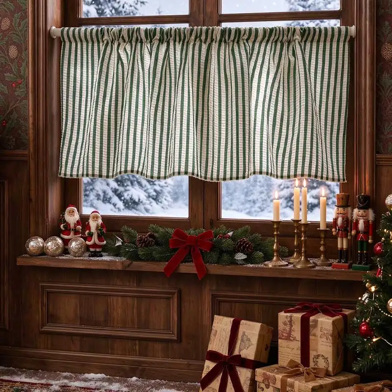 1PC Christmas Striped Curtain with Short Curtains Suitable for Holiday Parties, Windows, Cabinets, Home decoration