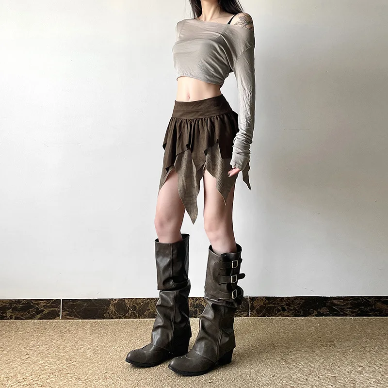 

European American style autumn new women's clothing solid color slim fit street fashion high waist irregular skirt women