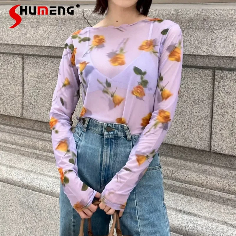 

French Style Vintage Floral Printed Long Sleeves Sheer Mesh Tees Blouse For Women's Y2k Kawaii Slimming Top T-shirts Pullover