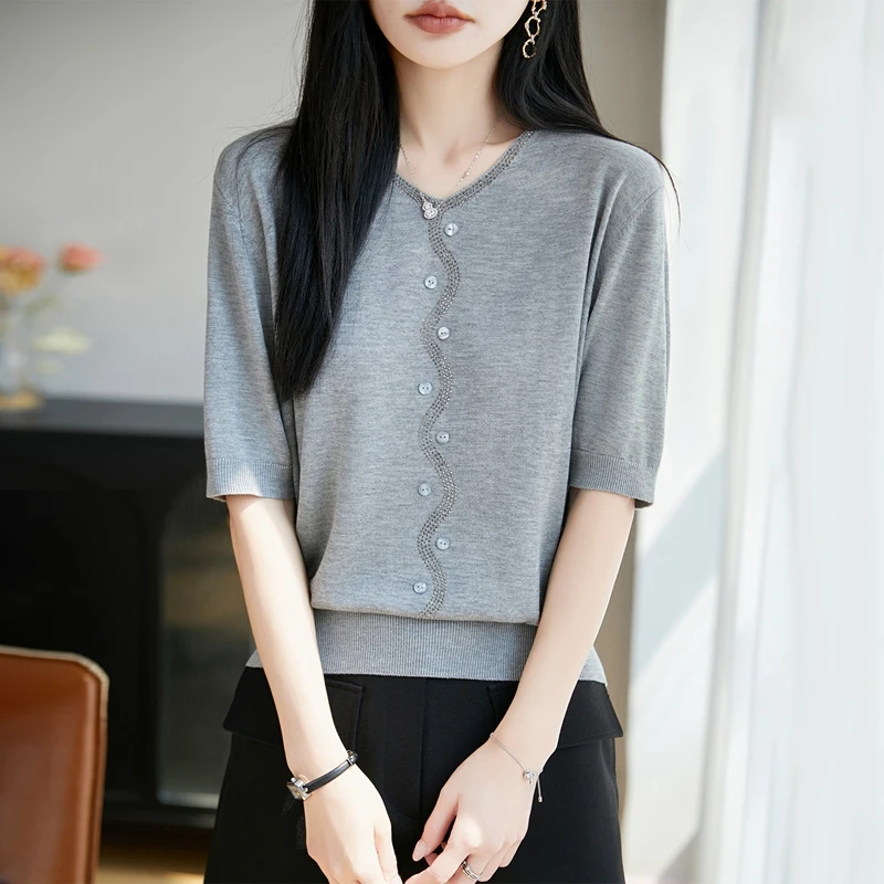 

Summer New Women's Short sleeved V-neck Knitted 100% Lyocell T-shirt Basic Women's Pullover Short sleeved Fashion Hot Sale