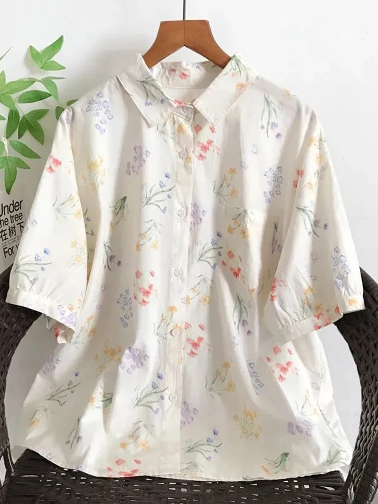 

Pure Cotton Cute Floral Shirt Women Loose Fashion Sweet Elegant Blouse Casual Preppy Style Short Sleeve Female Kawaii Ins Tops