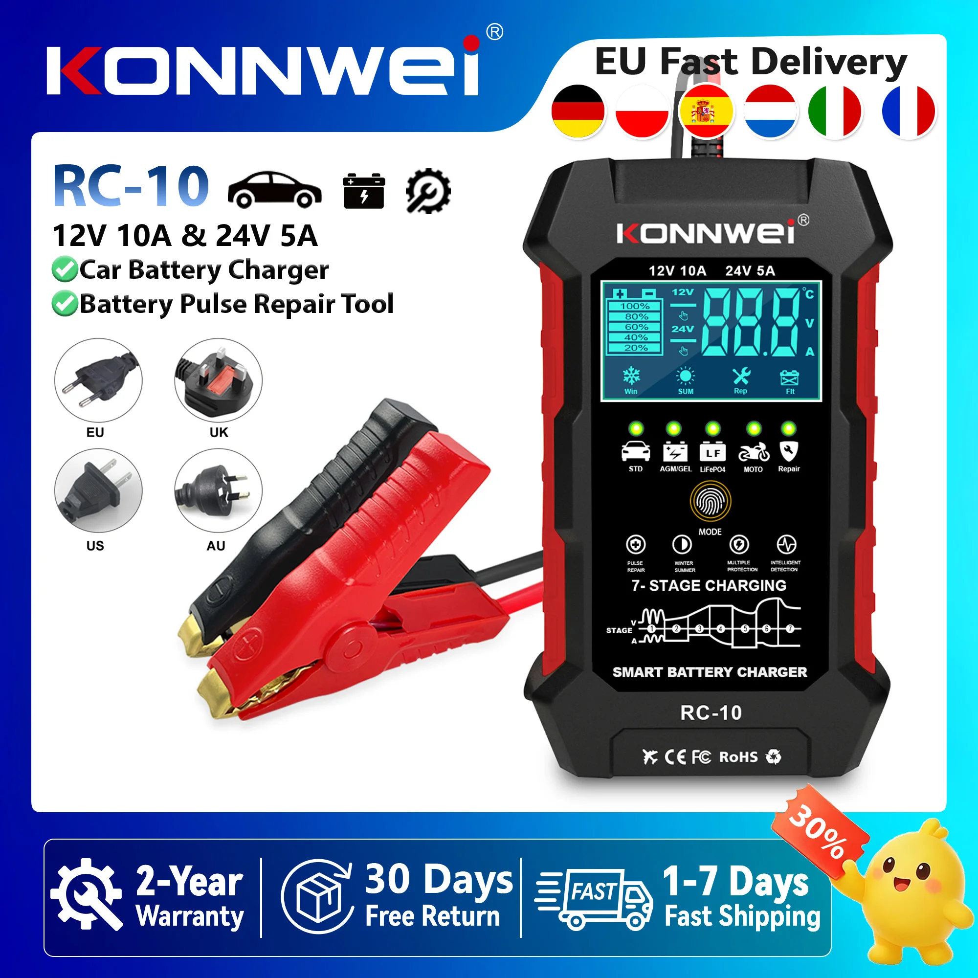 KONNWEI RC-10 Auto-Smart-Batterieladegerät 12V 10A & 24V 5A EU-Stecker Batterie-Pulsreparaturwerkzeug für Auto-LKW Blei-Säure AGM GEL EFB Batterie-Maintainer Kostenloser Versand