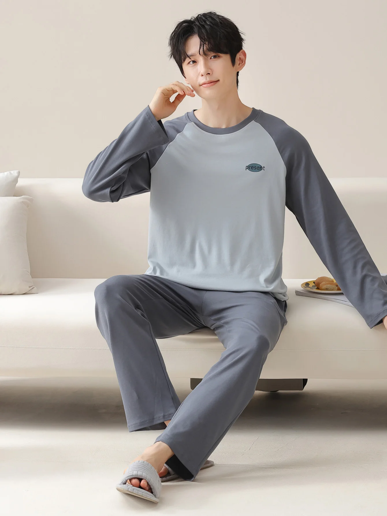 ملابس نوم رجالية 100% قطن بأكمام طويلة للفصول الأربعة مقاس كبير، طقم بدلة منزلية من القطن الخالص للمراهقين للدفء #3
