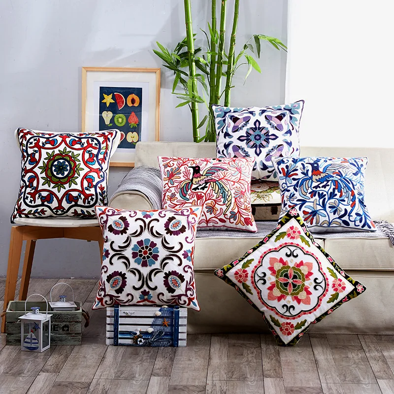 European Thread Embroidered Flowers Cushion Cover Home Decoration Cotton Bohemian Ethnic Style Pillowcase 45*45cm Pillowcase