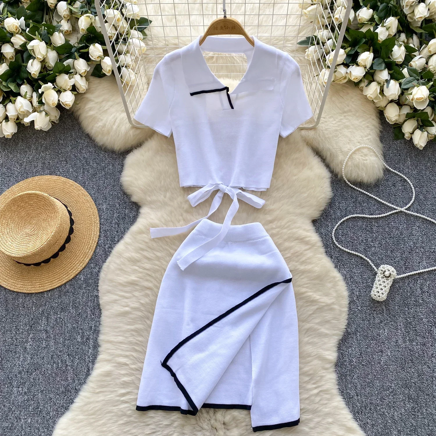 Chic Women Two-Piece Sets Turn-down Collar Backless Bandage Top High Waist Split Short Skirt Korean Fashion High Street Clothing