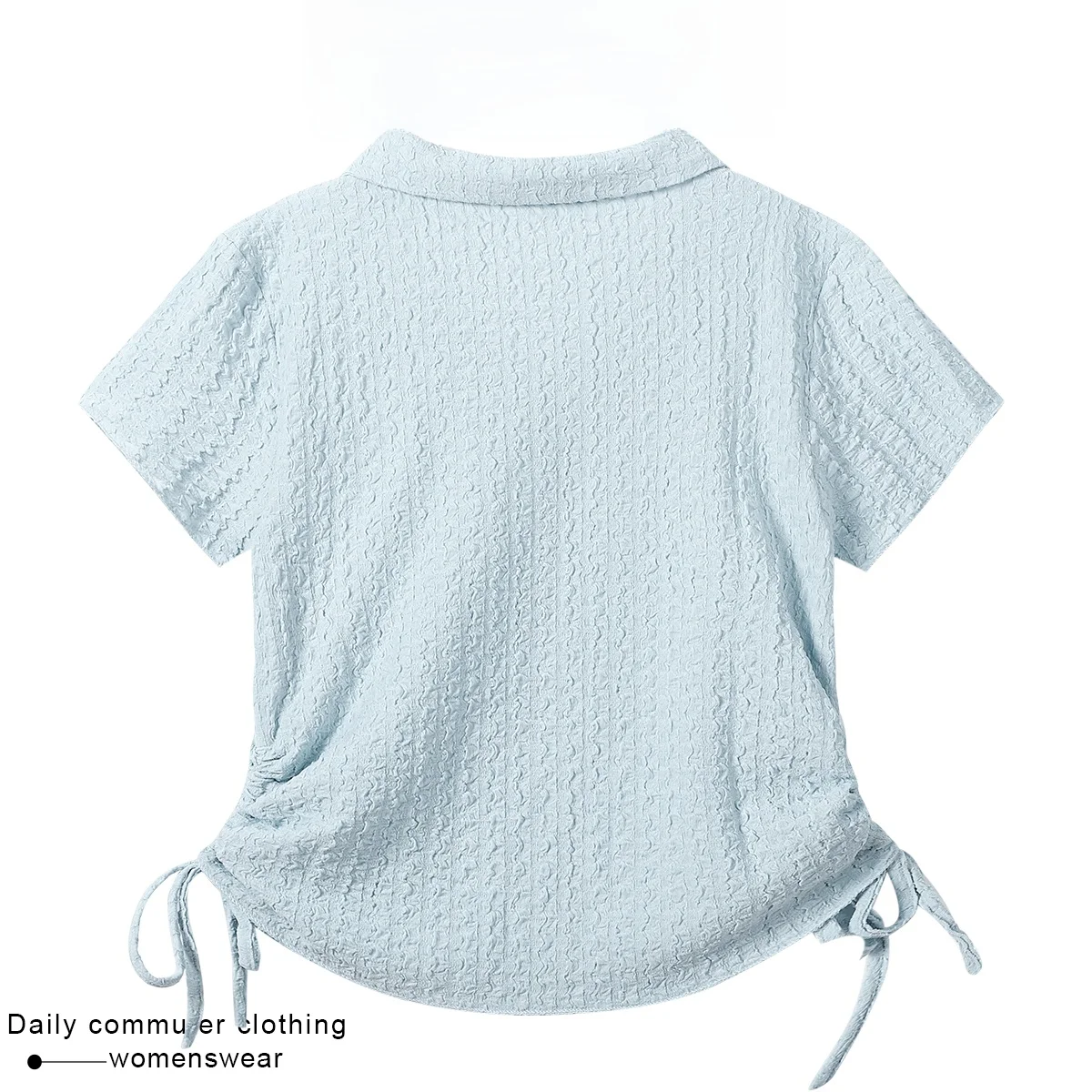 Spring Summer Women's  Neck Short Sleeve Shirt Gathered Waist Tie Sweet Style Slim Fit Polyester Fabric Regular Sleeve