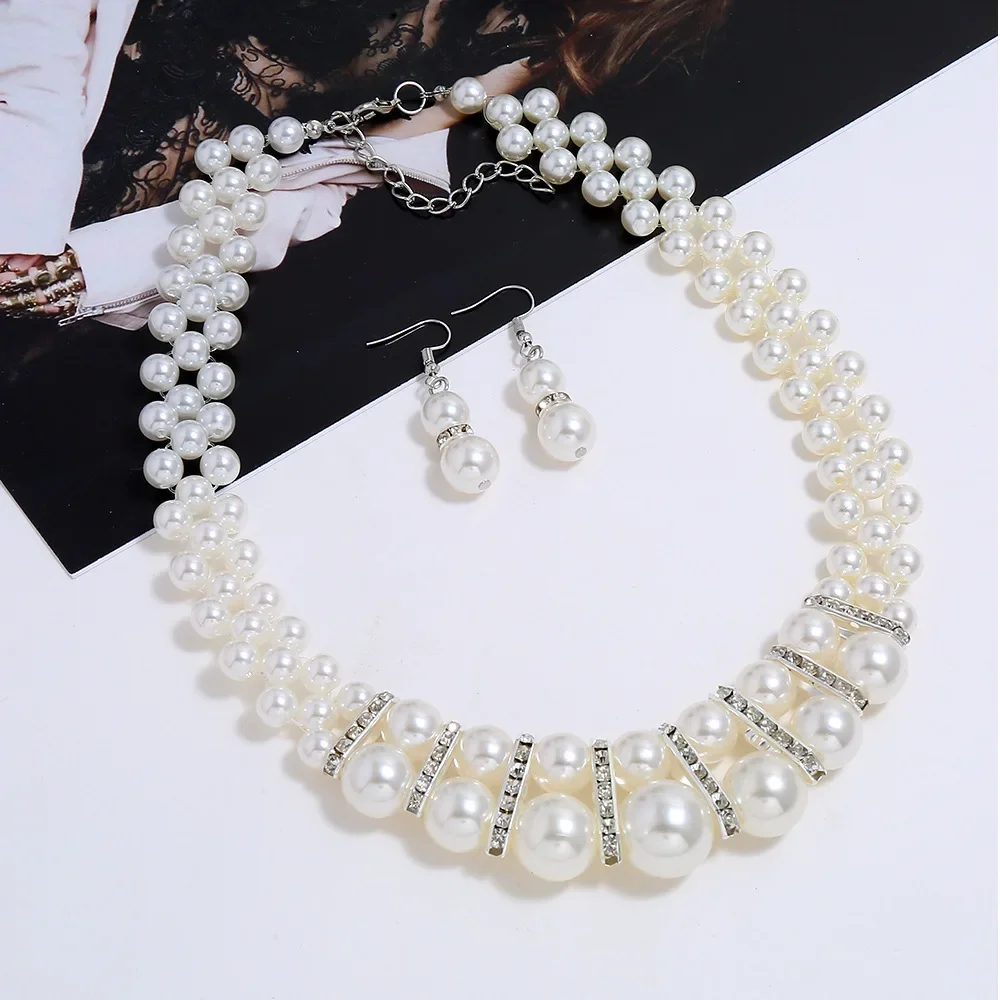 

Rhinestone Faux Pearl Necklace Earring Jewelry Gift Fashion Vintage Womens Bride Wedding Jewelry Set