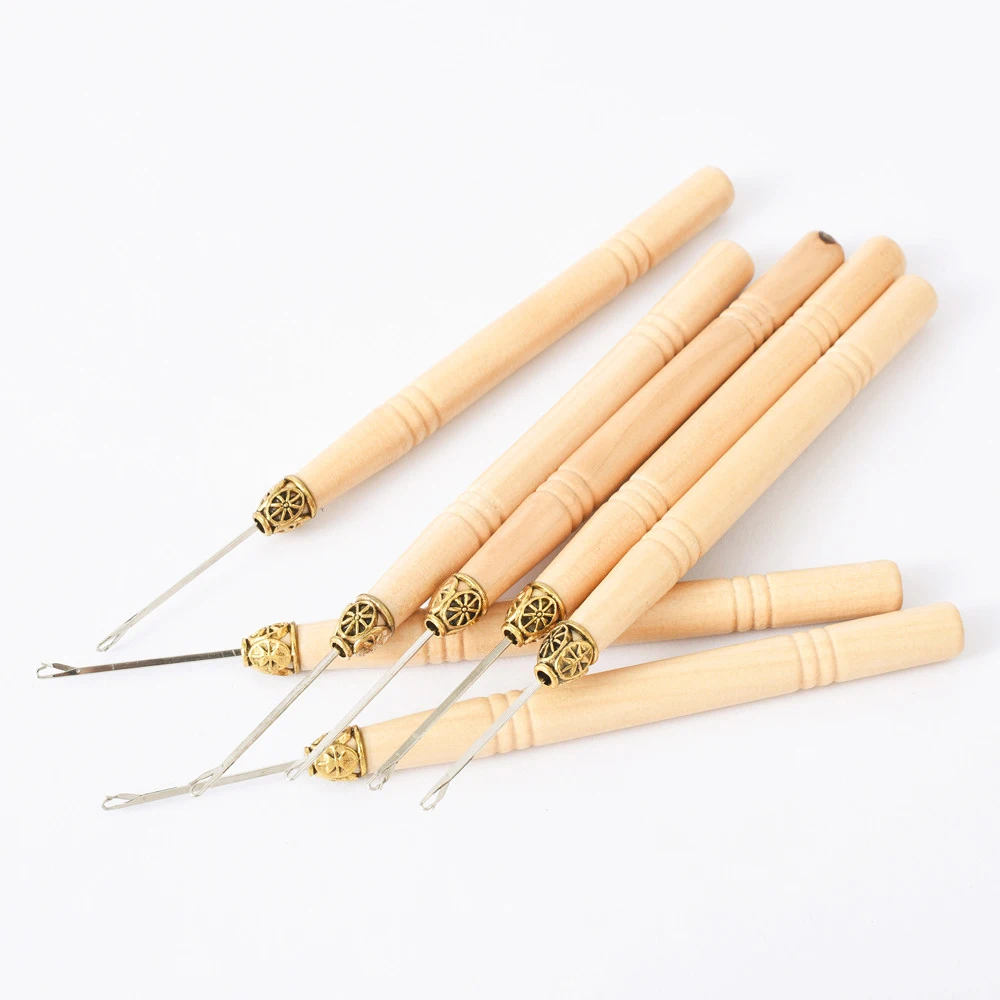 Hair Extensions Beads Tools Kit Extensions Micro Pulling Needle Wood Hair Hook with Tongue Hair Crochet Hook