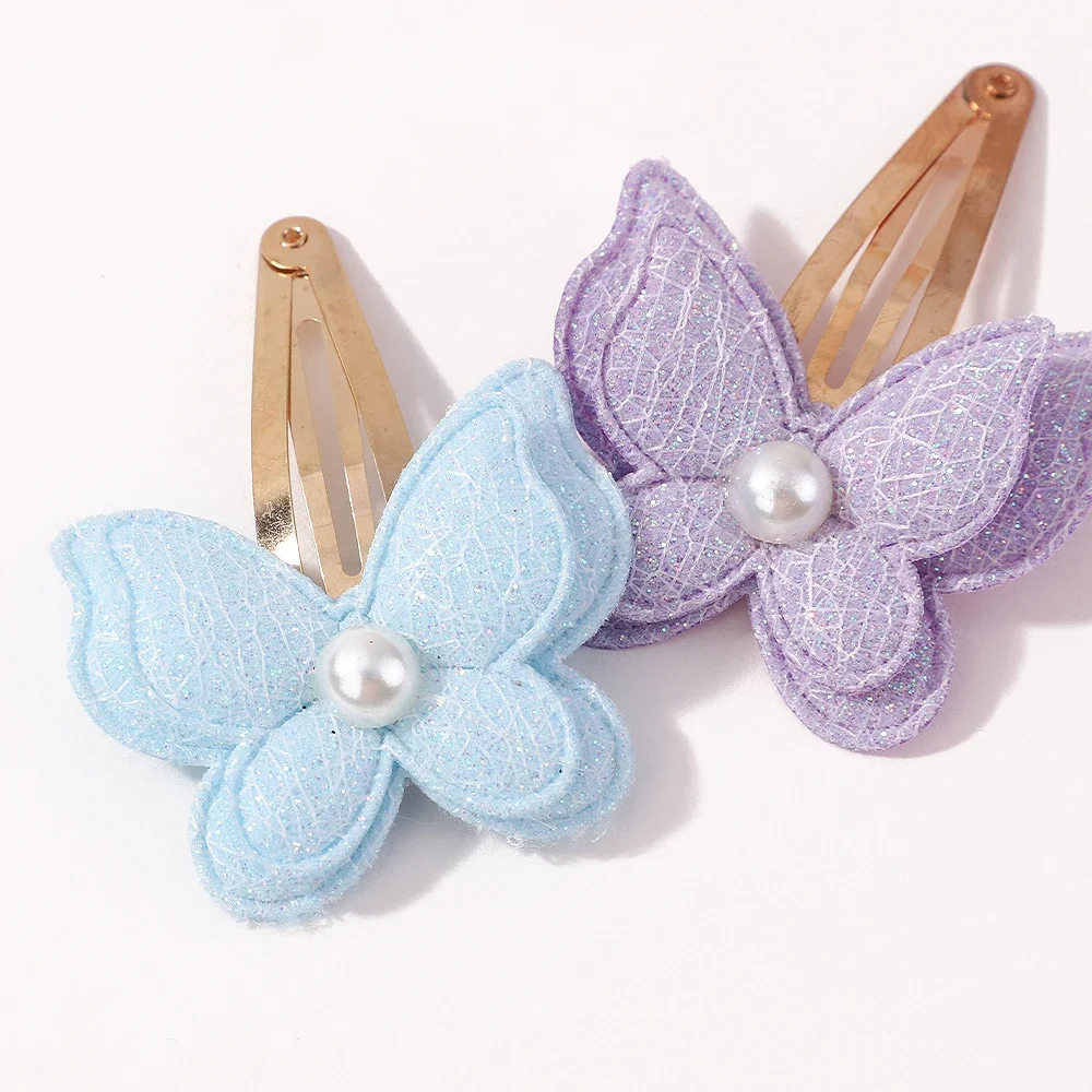 1pc Girls pearl butterfly BB Clip Hairpin Hair Clip Cute Powder Hairgrip New Children Headdress shiny Hair Accessories wholesale