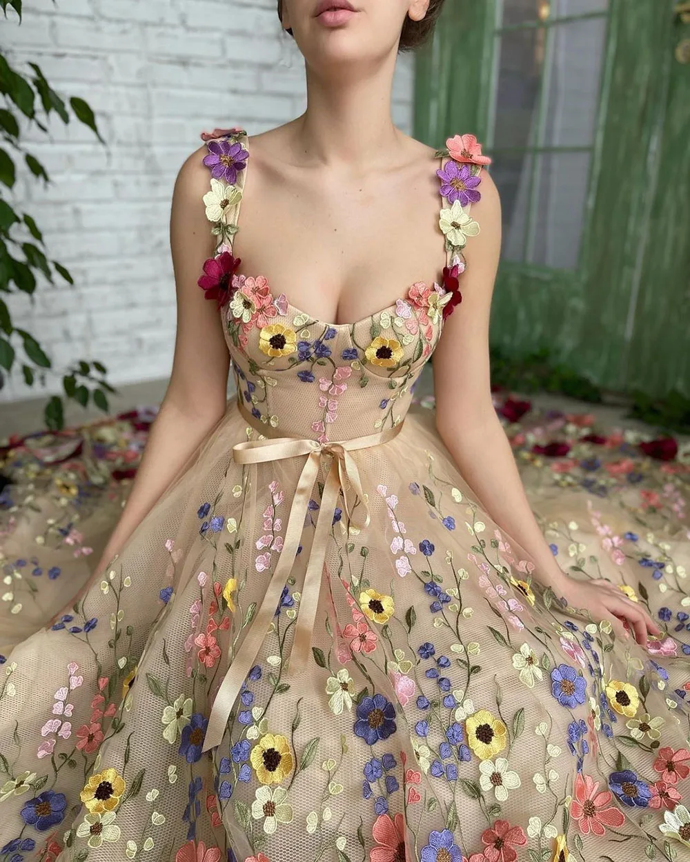 Sevintage Prachtige 3D Bloemen Prom Dresses Sweetheart Bloemen Bandjes A-lijn Avondjurken Formele Party Dress Met Zakken 2022