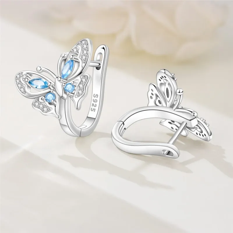 MISEFF 2025 925 Sterling Silver Blue Hollowed-out Butterfly Hoop Earrings Zircon Silver Earrings Lady Women Gifts Jewelry
