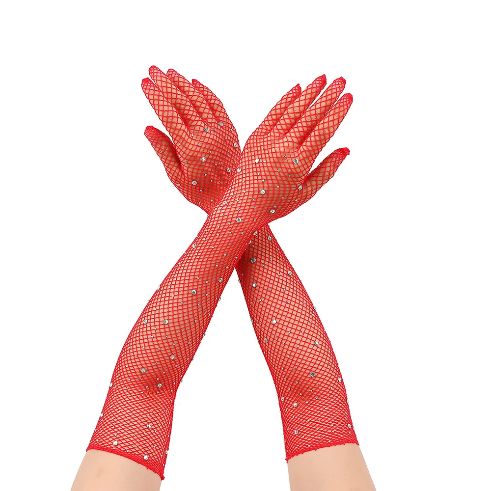 1Pair Sexy Red Elastic Mesh Gloves Arm Dance Body Accessories Nightclub Clothing Bling Rhinestone Arm Jewelry for Women Erotic