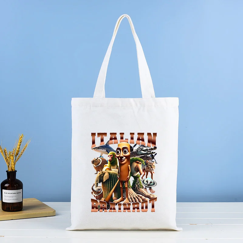 

Italian Brainrot Tote Bag Canvas Shoulder Bag Women Men Handbag Funny Tralalero Tralala Portable Reusable Shopping Bags Pouch