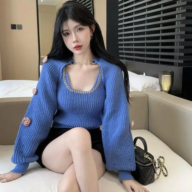 Two-Piece Set Lantern Sleeve Three-Dimensional Flower Knitted Sweater Square Neck Suspenders Women Early Autumn New Short Top