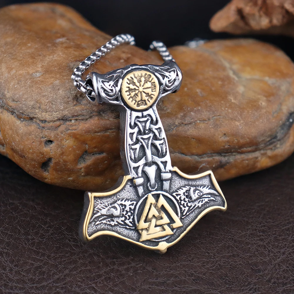 Retro Nordic Compass Pendant Chain for Men Stainless Steel Viking Thor's Hammer Necklace Fashion Scandinavian Jewelry Wholesale