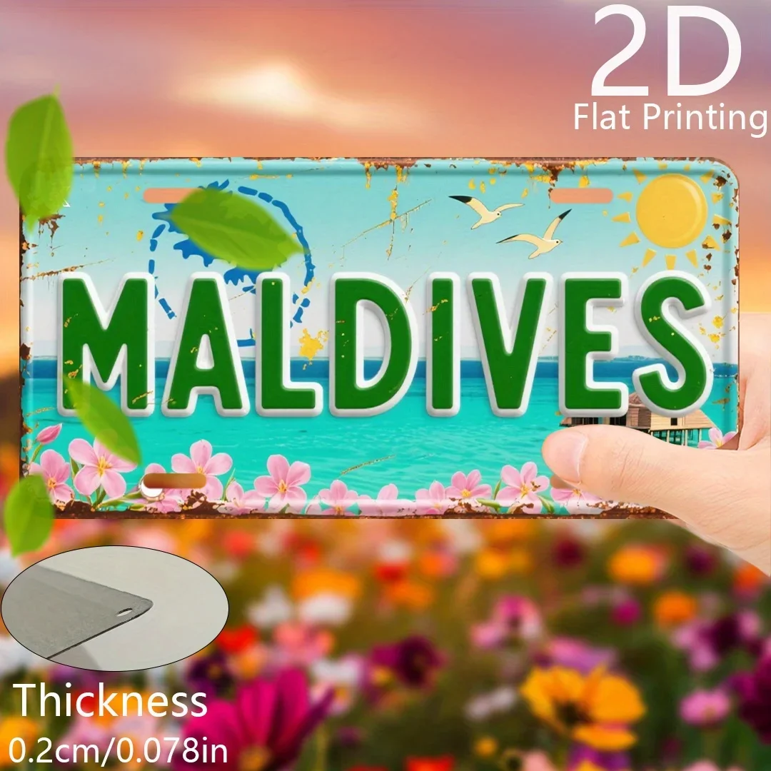 2D Flat Maldives Tropical Vintage Aluminum License Plate Travel Poster Turquoise Lettering Beach Home Wall Hanging Decor