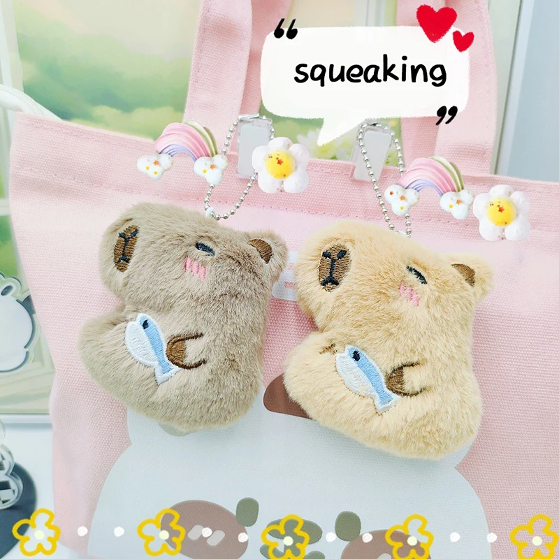 Cartoon Kawaii Piepende Capibara Knuffel Vis Pluche Sleutelhanger Schattige Dieren Zacht Gevulde Pop Hanger Tas Hangende Decoratie Meisje Gift