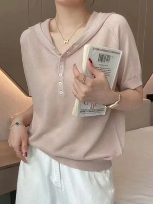 Los ijszijde gebreid ort Sve T-shirt voor dames met hoed Zomer lichtgewicht ademend comfortabel f Sve hoodie