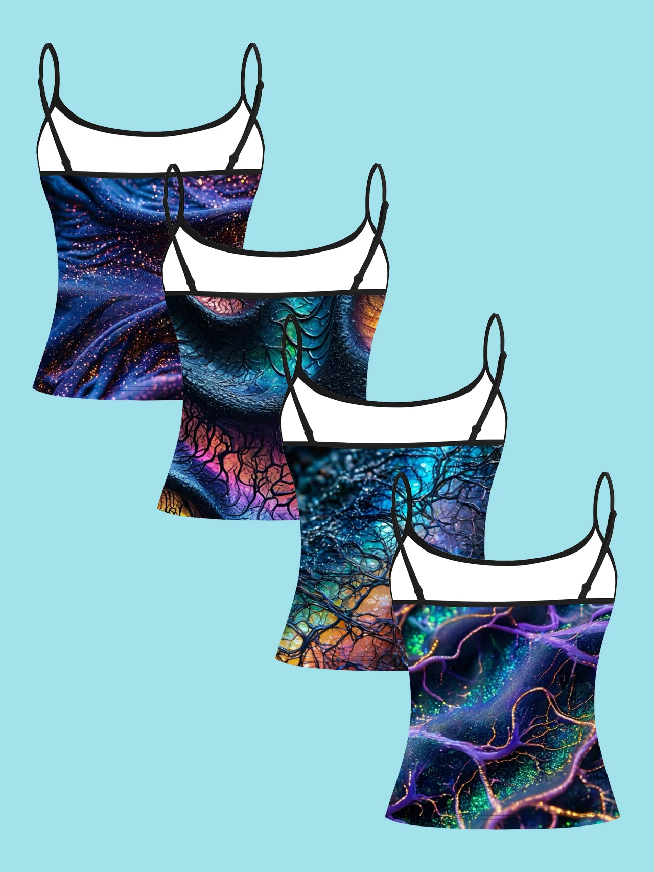 4-Piece Set of Women's Cyber Neural Network Print Camisoles, Psychedelic Fractal Vein Starry Sky Particle Slim-Fit Spaghetti Strap Inner Tops