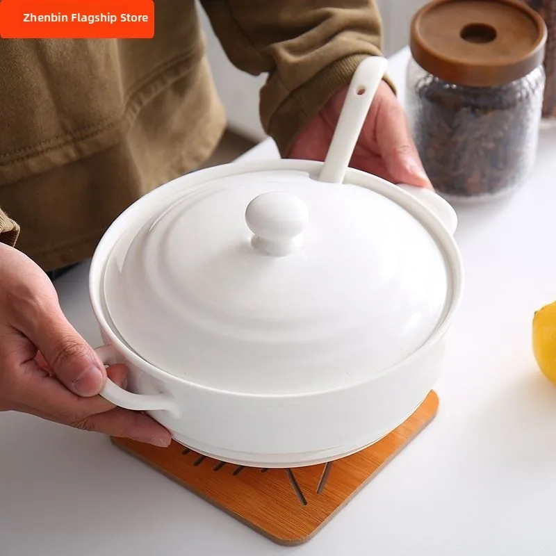 

Large Cerc Soup Bowl with Lid Double Ear Microwave Se White Color Chinese Sle Home Use Creative Dining Utensils Bowl