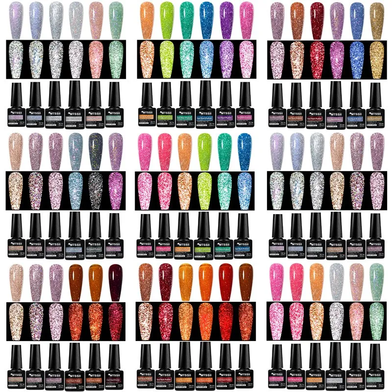 6pcs Reflective Glitter Gel Nail Polish Set Fluorescent Aurora Glitter Semi Permanent Soak Off UV Gel Varnish Nail Supplies DIY