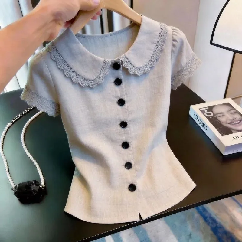Retro Korean Style Loose Fit Short Sleeve Lace Doll Collar Shirt for Women Summer Casual High End Feelings Top