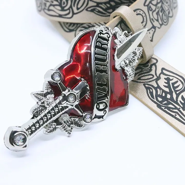 Designer Goth Punk Fashion Embossed  Red Heart Arrow Love Hurts Belts for Women Leather Jeans Hip Hop Girdle Y2k Accessories