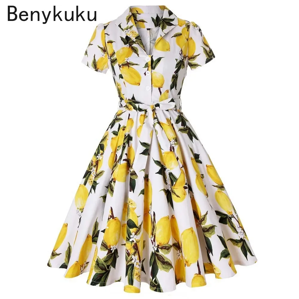 

Hepburn Style Lemon Printed Vintage Dresses 1950s 60s Office 2024 Turn Down Collar Short Sleeve Tunic A-Line Belted Cotton Dress