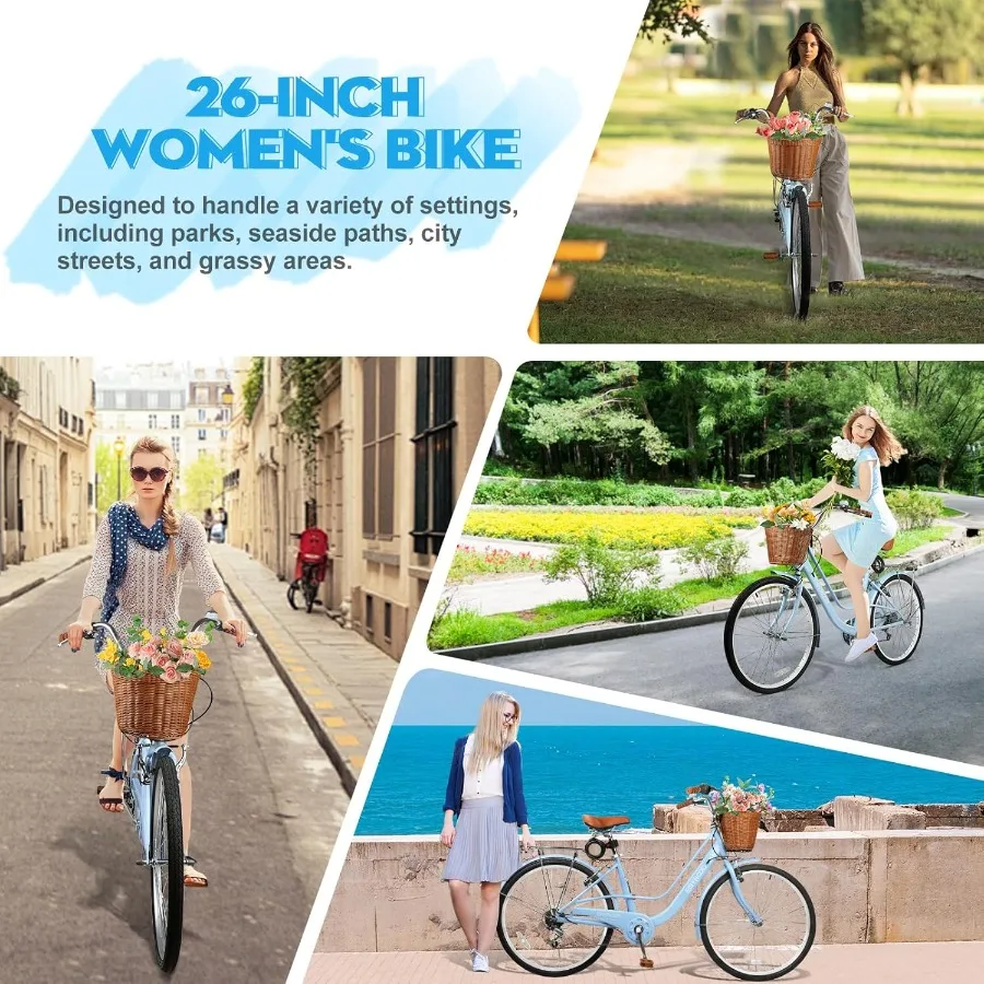 Vélo de plage pliant de 26 pouces pour femme avec système d'engrenage à 7 vitesses, comprend un panier de rangement et un support arrière, idéal pour les commandes urbaines