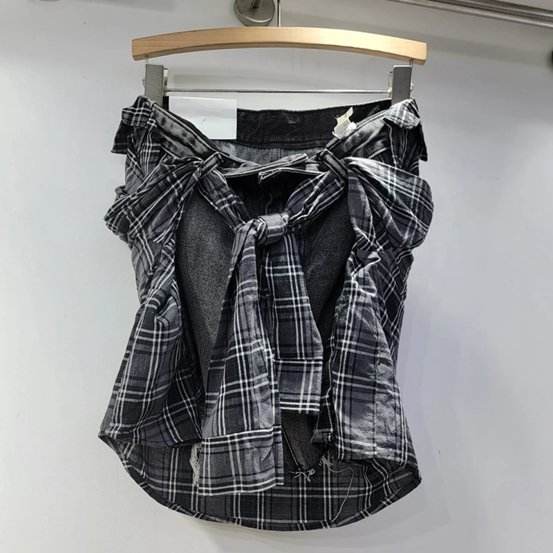 DEAT-Short en jean taille haute pour femme, pantalon court imprimé à carreaux irrégulier, faux patchwork, nouvelle mode printemps 2025, 29L8894, 2 pièces