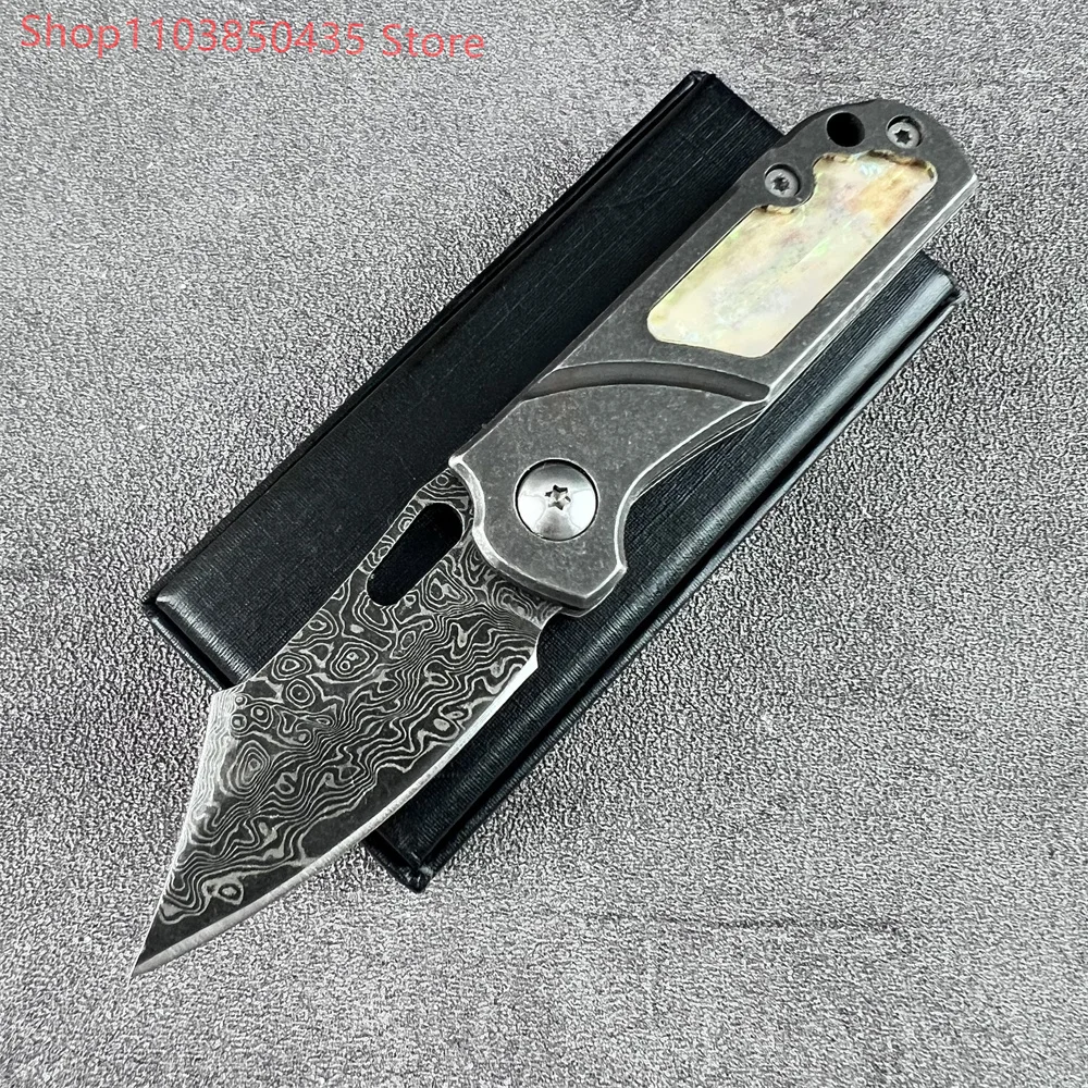 Damascus Pattern Folding Pocket Knife, 420 Steel Frame, Mother-of-Pearl Inlay Handle, Portable Outdoor EDC Utility Knife
