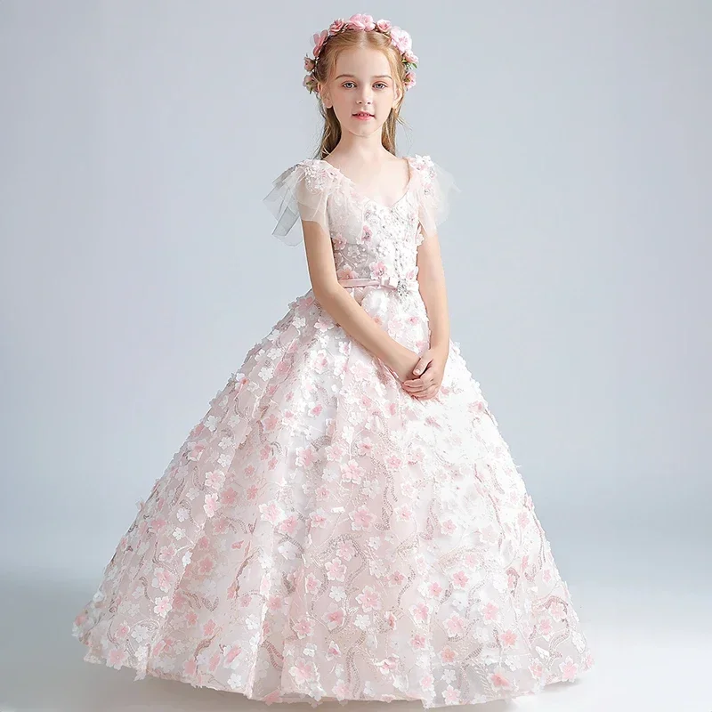 Children Elegant Girls Flower Maxi Dresses Wedding Birthday Party Long Evening Gowns Kids Formal Luxury Princess Pageant Dress