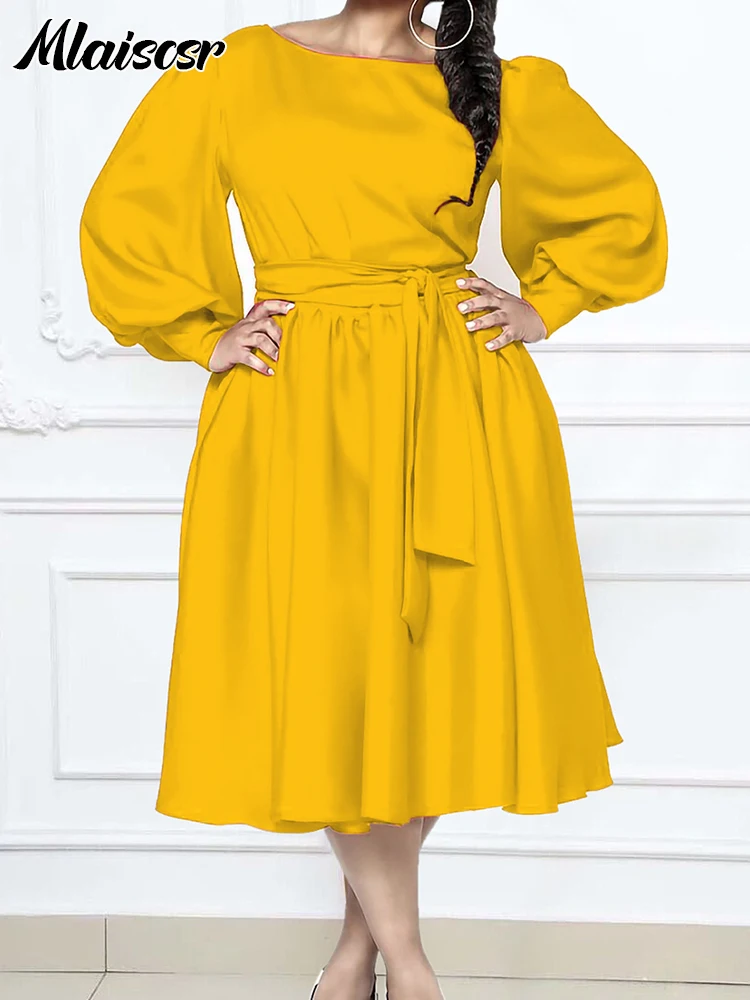 

Mlaiscsr Elegant Dinner Prom Yellow A Line Mid Dresses Women O Neck Full Sleeve Belt Waisted Pleated Female Birthday Party Robe