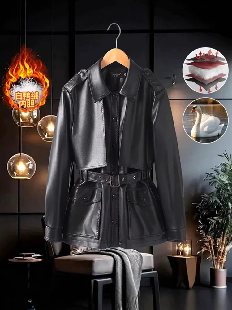 Temperament leather down jacket women's winter new lapel collar single breasted waist cinching slimming leather coat with belt