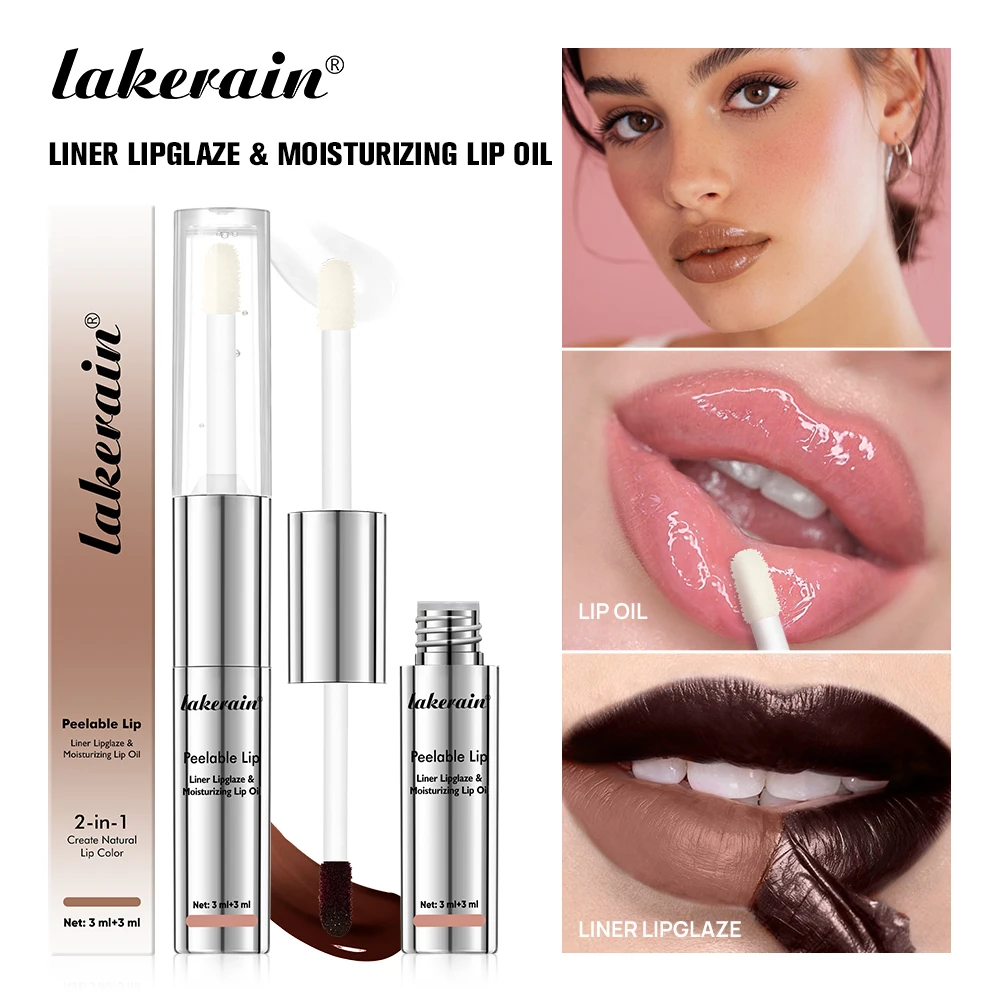 Lakerain 2 in 1 Liner Lipglaze e olio per labbra idratante Idratazione profonda Labbra morbide impermeabili Design a doppia testa Lucidalabbra peel-off