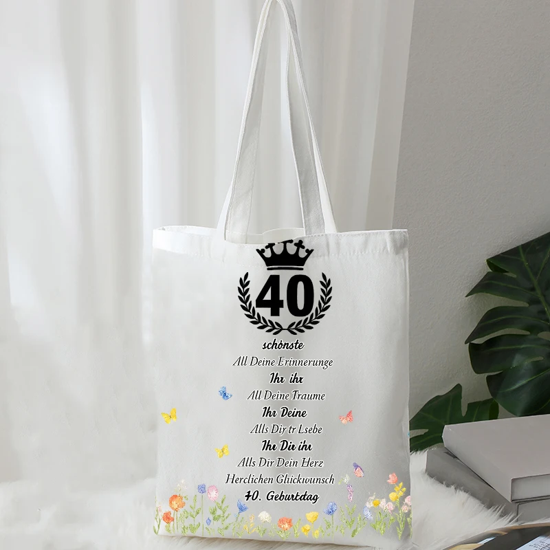 

Vintage Canvas Tote Bag 40th Birthday Theme, Customizable Reusable Shoulder Shopping Bag, Ideal Birthday Gift for Ladies