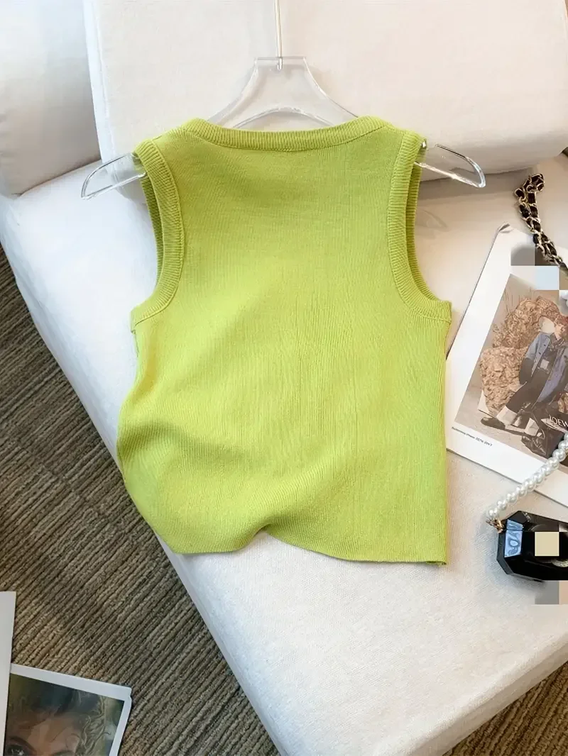 Women Sweater Colorful Rhinestone Knitted Tank Top  Casual Crew Neck Sleeveless Summer Tee  Short Diamond  Korean FashionCamis