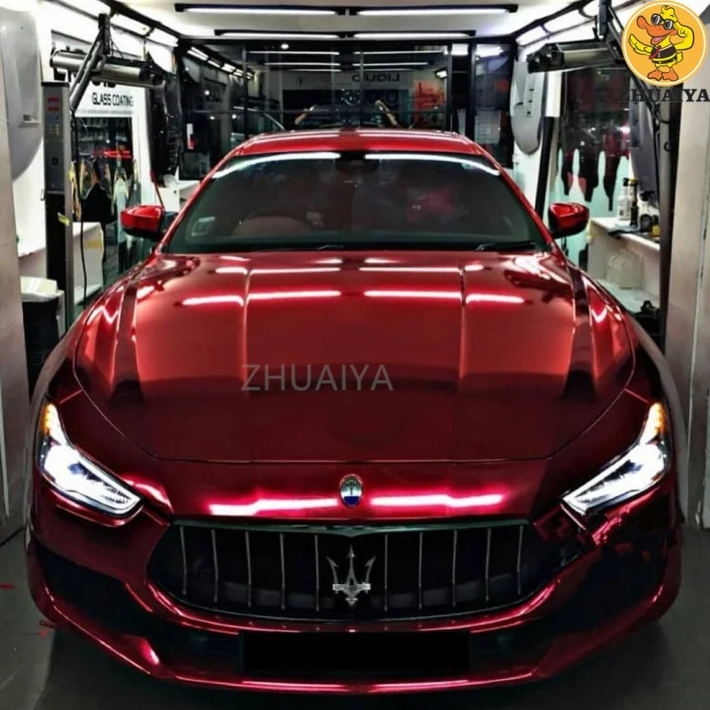 1.52X18M Stretchable Red Holographic Chrome vinyl Wrap Self-Adhesive Film Decal Air-Release Bubble Free DIY Car Wrapping Roll