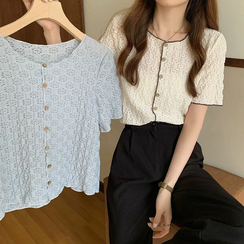 Xpqbb College Style Short Sleeve Shirts Women Vintage Hollow Out Button Up Cropped Shirt Woman Summer Thin O-neck Casual Tops