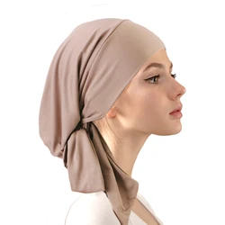 Pre-tie Solid Color Turban Ethnic Elastic Ribbon Head Scarf Islamic Bottoming Hat Fashion Beanie Hat Durags For Women Wrap Head