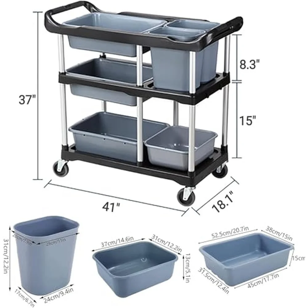 3 Tier Rolling Utility Cart with Wheels 330 lb Heavy Duty Commercial Plastic Service Cart with Removable Storage Bins