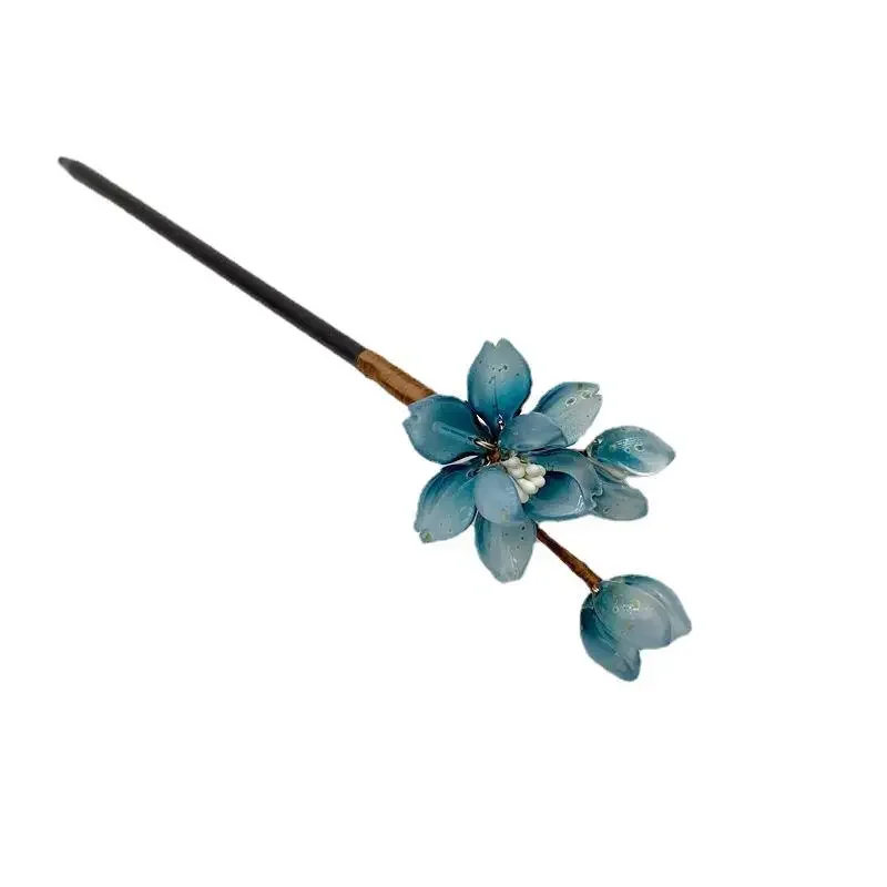 

*Blue Flower Hair Stick Forrk Ancient Style Tiara Vintage Sandalwood Hair Clasp Cheongsam Decor Hair Bun Jewelry Chinese Headwea