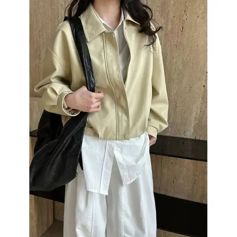 

Women Short PU Leather Jacket Spring Turn Down Collar Zipper Long Sleeve Loose Casual Coat