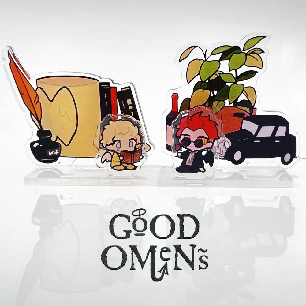 Soporte de figura de acrílico de la serie de TV Good Omens CA Aziraphale Crowley, accesorios de placa de pie Kawaii, accesorio de Cosplay, 2 piezas por juego