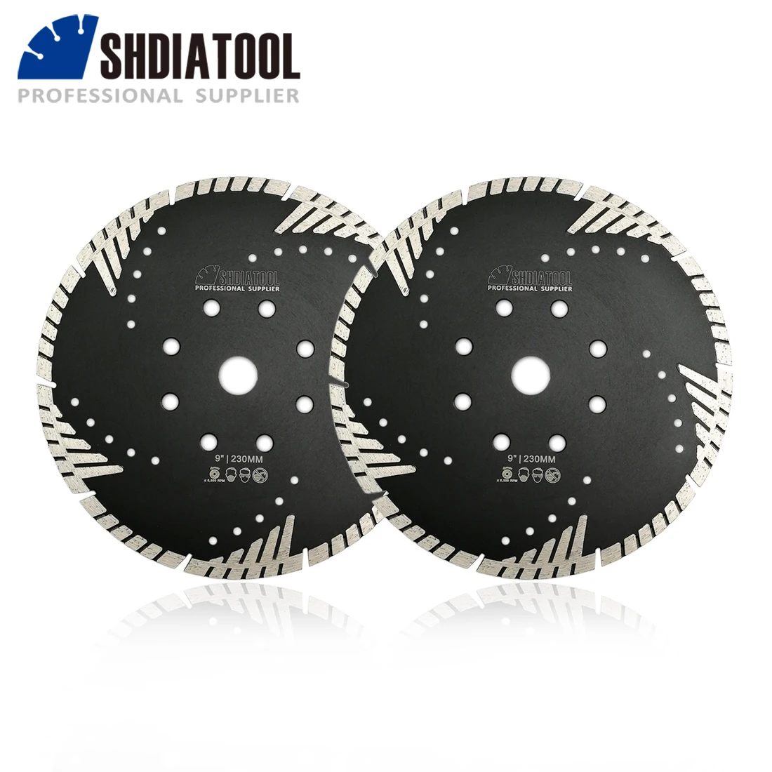 SHDIATOOL 2pcs 230mm Diamond Turbo Blade With Slant Protection Teeth Concrete Granite Ceramic Cutting Disc Bore22.23mm 9inch Saw