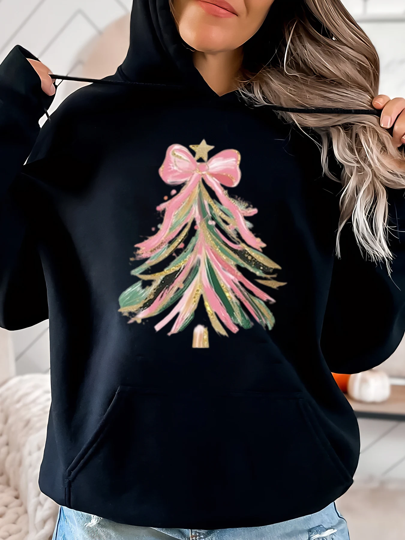 クリスマスツリー ピンクのリボンプリント パーカー ホリデー レディース カジュアルウェア ブラック プラスサイズ