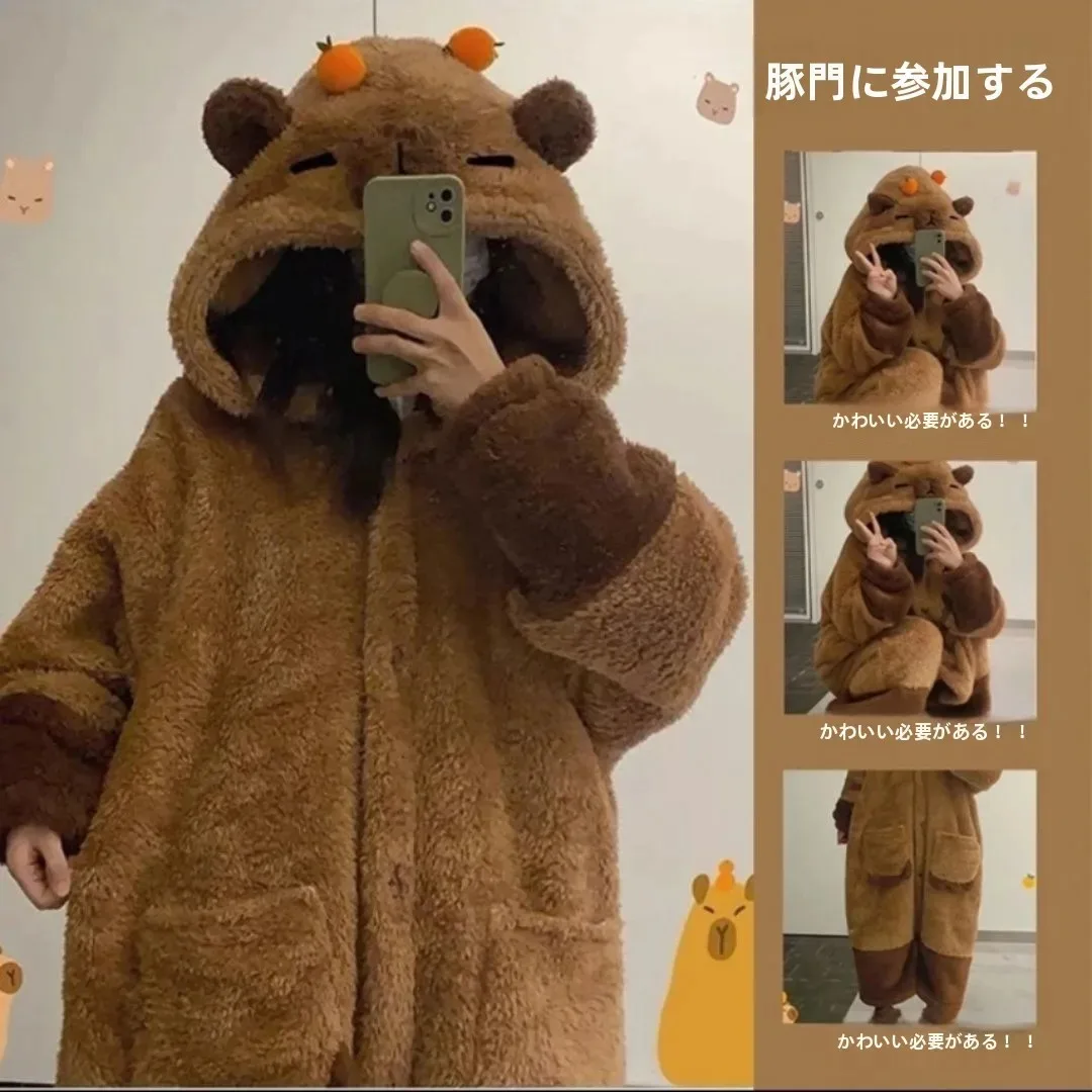2026 New Capybara Fluffy Hooded Robe Pants 2Pcs Set Thick Coral Fleece Warm Winter Loungewear Cute Cartoon Animal Home Sleepwear